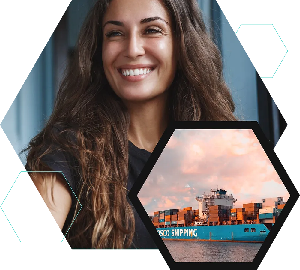 smiling woman and a cargo ship inside hexagon shapes
