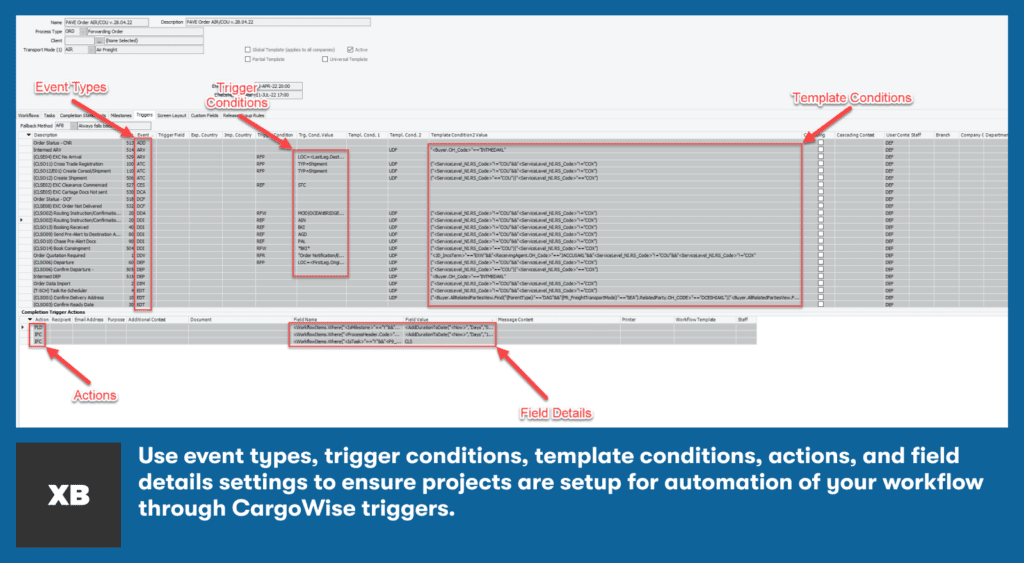screenshot of cargowise workflow triggers